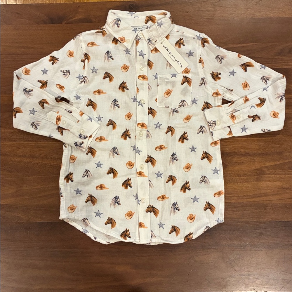 NWT- Janie and Jack Cowboy and Star Print Shirt - Cream and Brown - Picture 2 of 6